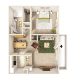 Floor plan for 1 bed, 1 bath, 600 sqft